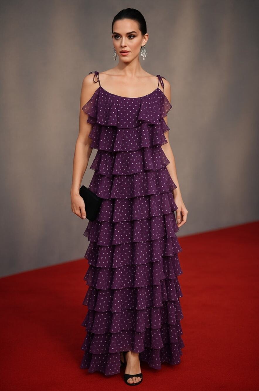 Vintage Neusteters Whimsigoth Purple Tiered Ruffle Maxi Prom Gown Size 6 USA